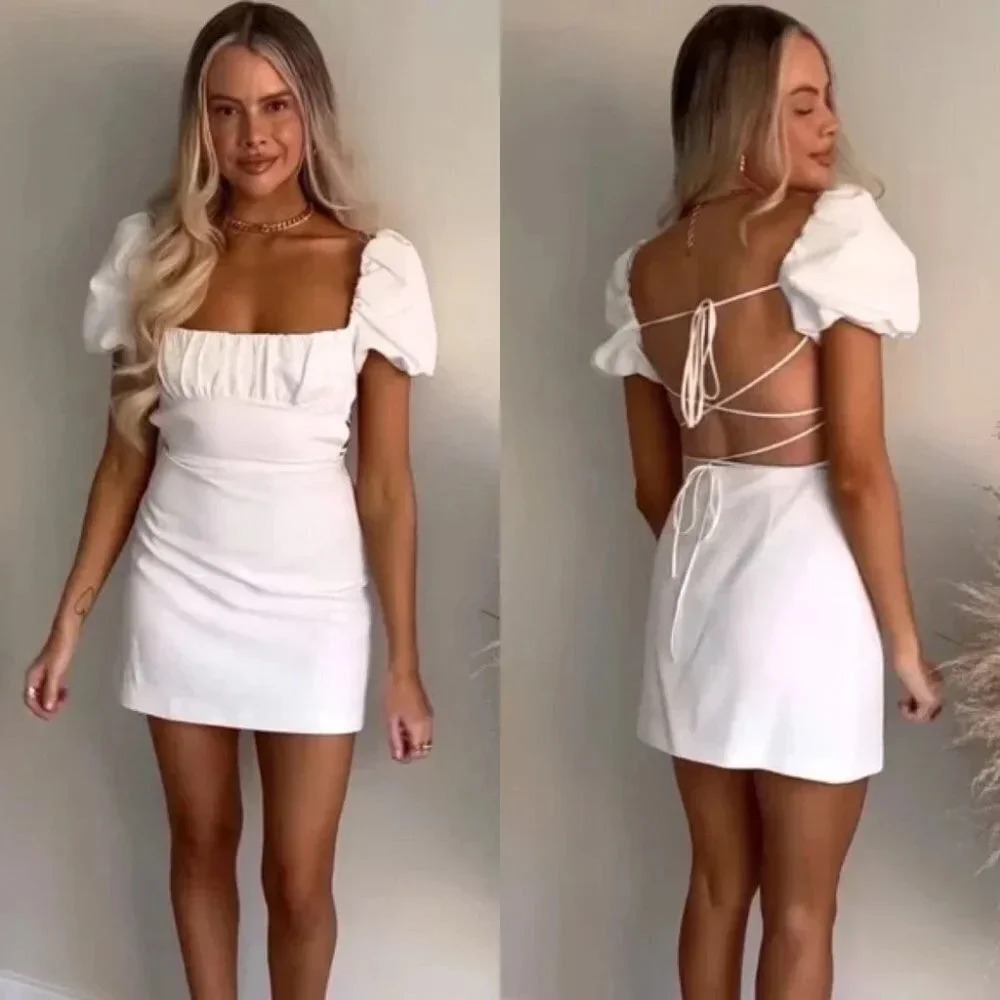 Zara Linen Blend Balloon Sleeve Strappy Back Mini Dress White Blogger Fav Sz M
